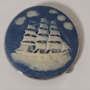 Vintage Incolay Stone Belt Buckle Cameo Sailing Ship Schooner Ocean Blue White